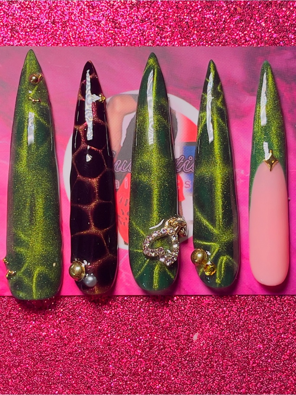 Green Cat Eye & Gold Accent Press-On Nails - Designer Style